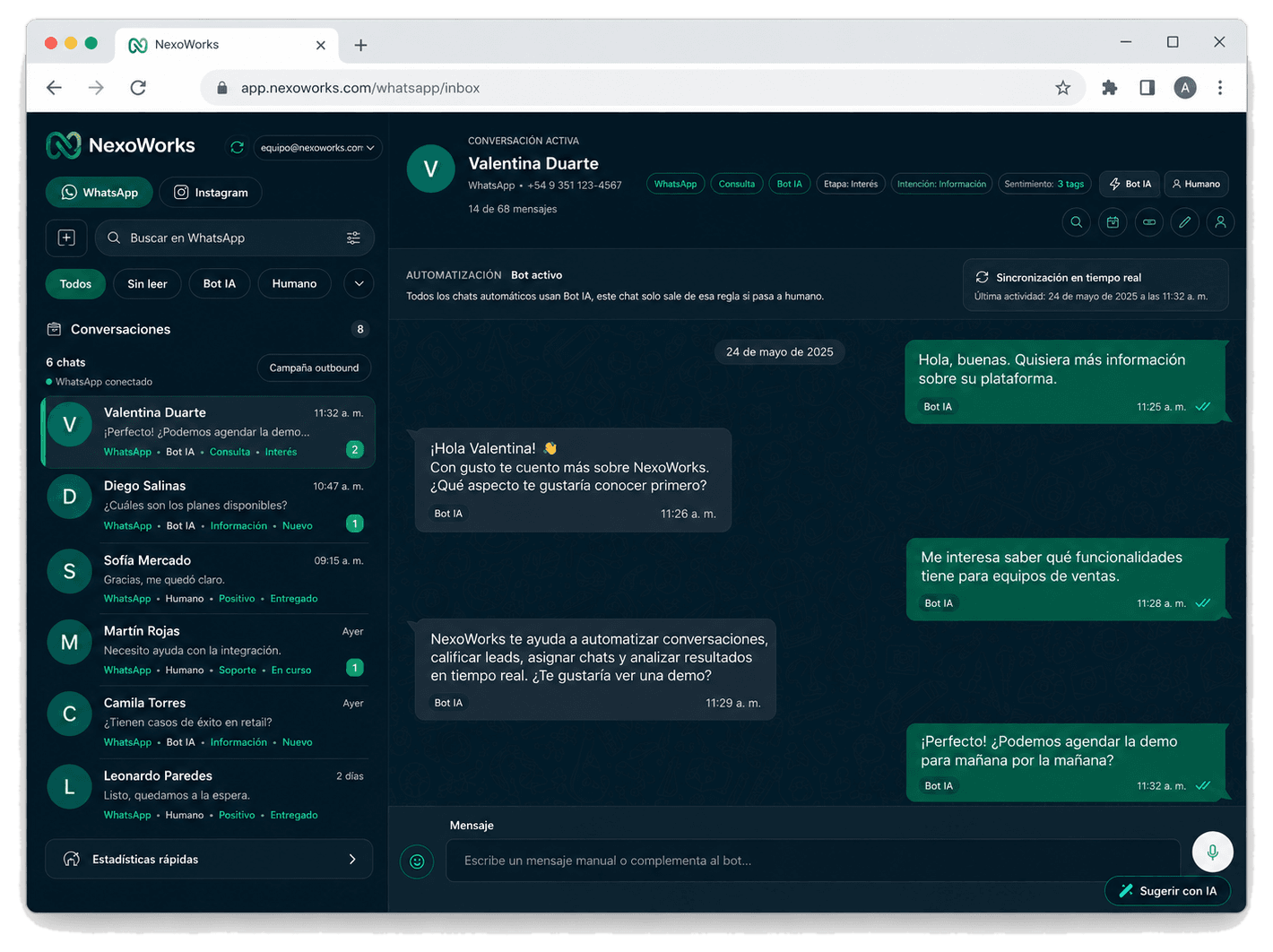 Vista de conversaciones de NexoWorks en desktop