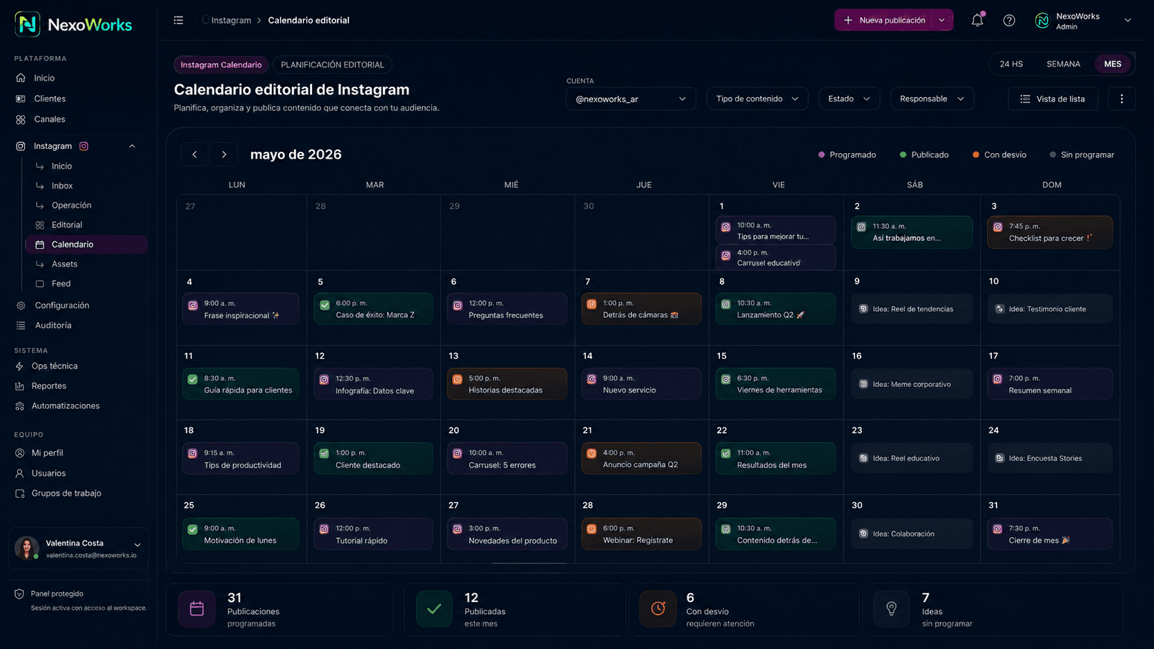 Calendario editorial de Instagram en NexoWorks