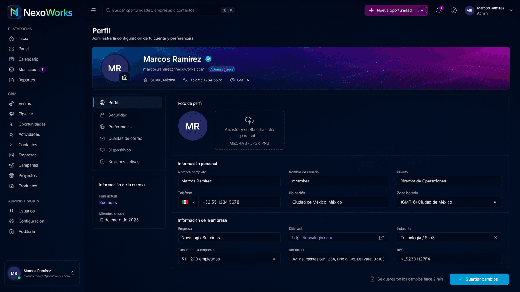 Perfil y configuracion del CRM en NexoWorks