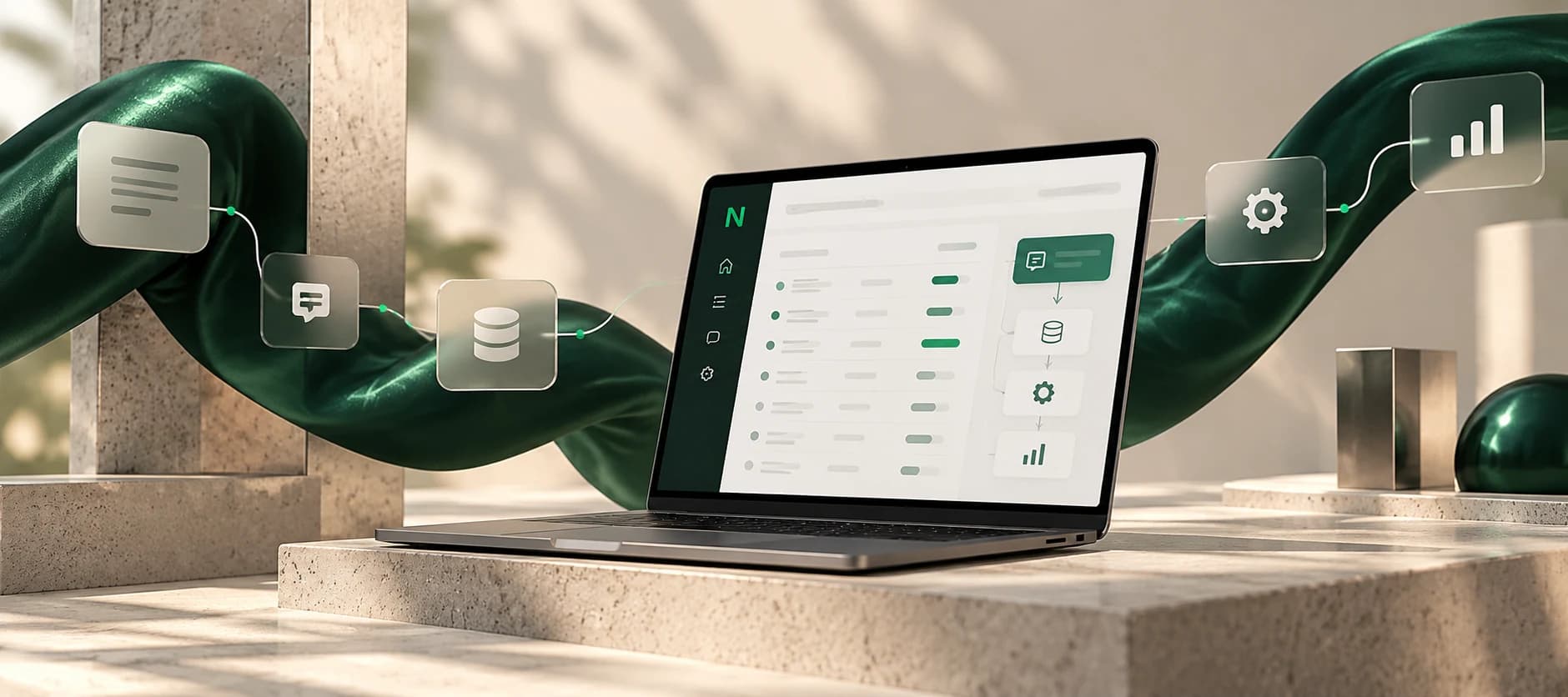 Composición conceptual: un portátil con una aplicación de gestión conecta mensajes, datos y automatizaciones sobre una estructura verde.
